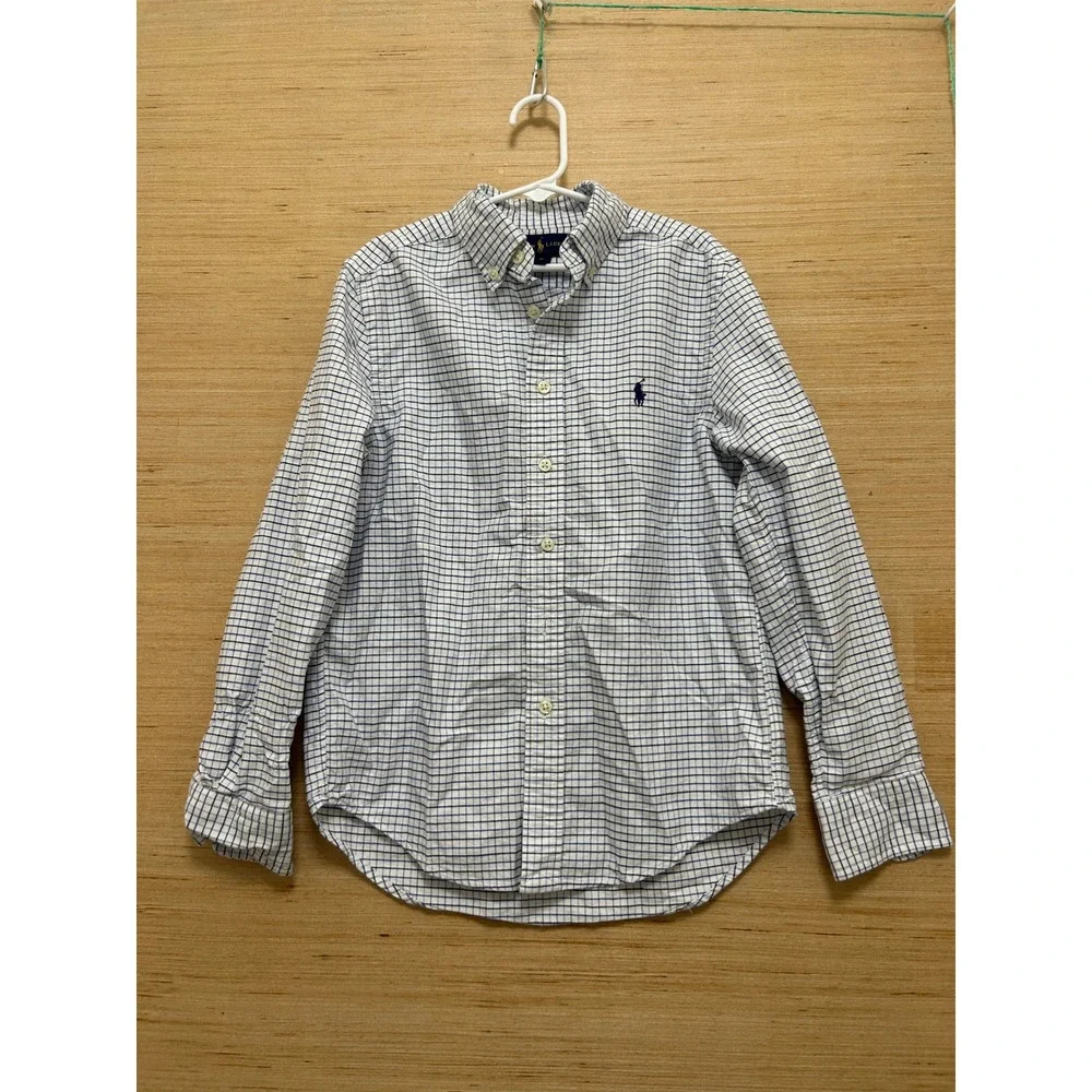 Ralph Lauren Boys Blue White Grid Button Down Shirt Size 10 Long‎ Sleeve